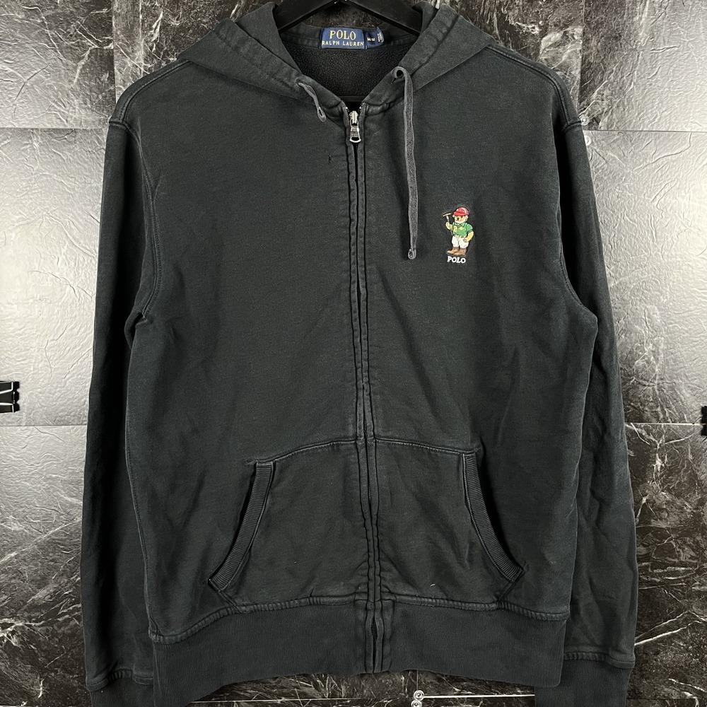 Polo Ralph Lauren Men's Black Polo Bear Zip Hoodie Medium -Flaws